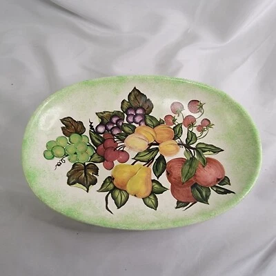 Vintage Hand Painted Fruit Bowl Farmhouse Decorative Grn Rim Textured Back 11"W - Image 1 of 4