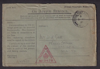 Great Britain May 31 1916 WWI censor cover Field PO D11 W Gatt to Valletta Malta - Image 1 of 2