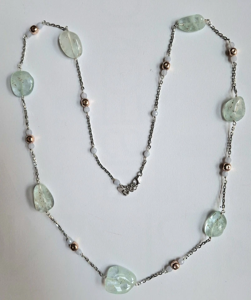 collana in argento 925 con acquamarina, calcedonio e cubi laminati in oro rosa - Immagine 1 di 4