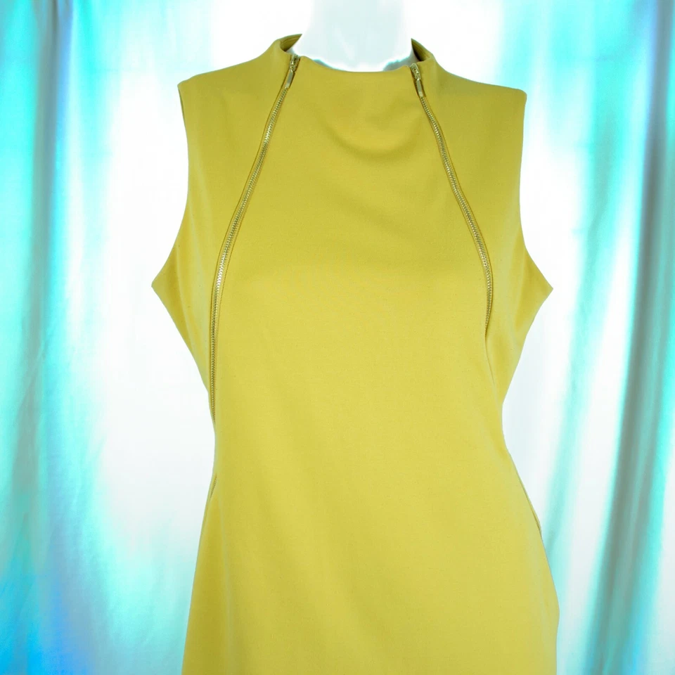 CALVIN KLEIN Yellow Lime Solid Gold Zippers Rayon Blend Women Dress Size 12 - Image 1 of 4