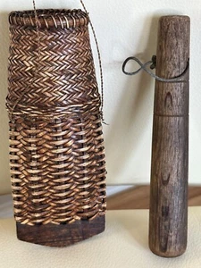Indonesian Round Brown Rattan Basket Lombok, wood piece, basket  7.25" wood 7" - Picture 1 of 4