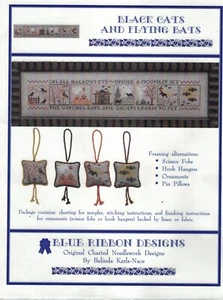 Halloween Cross Stitch Chart Black Cats and Flying Bats Blue Ribbon Designs - Picture 1 of 4