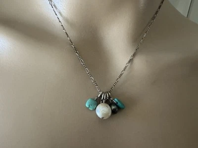 "Cadena de plata de ley de 16"" con 6 piedras colgando como colgante, fregona turquesa"  Foto 1 de 4