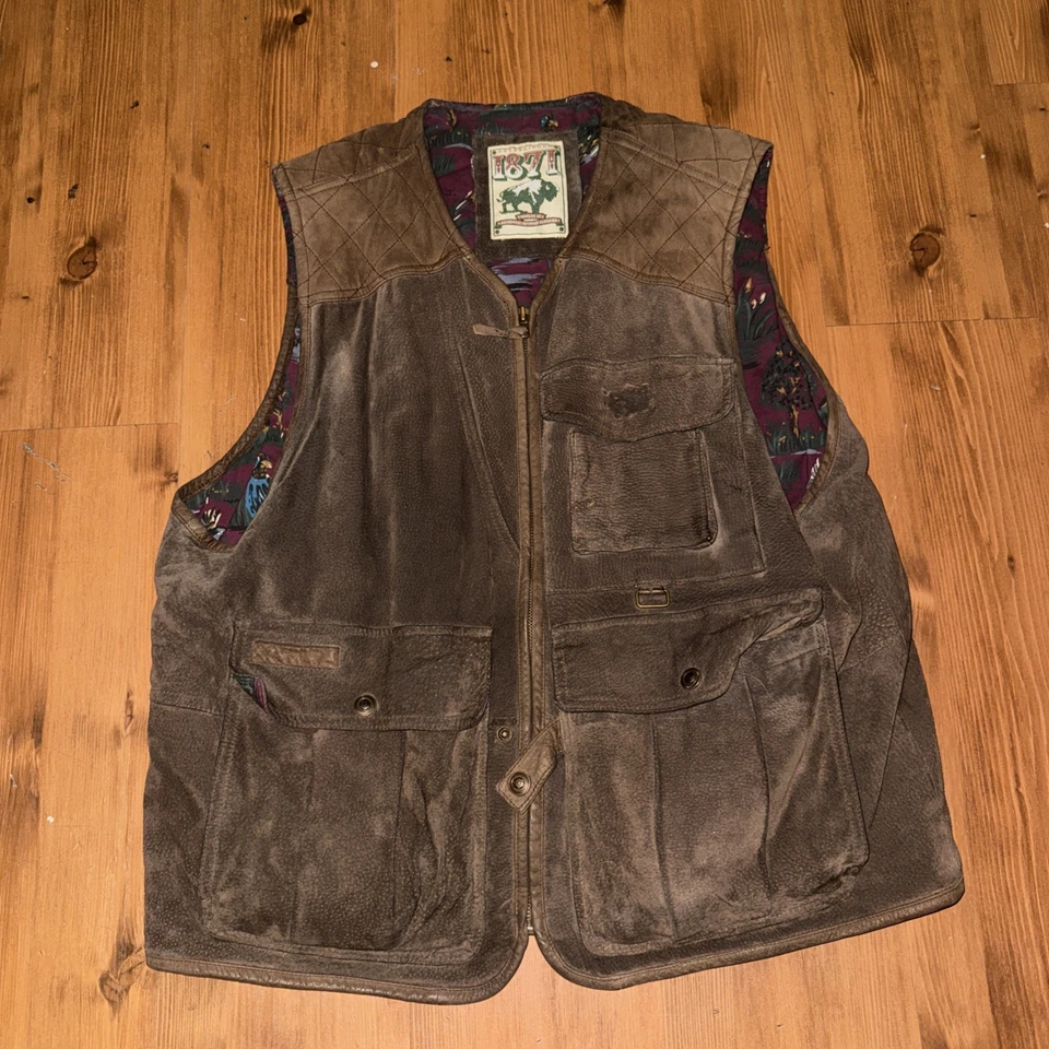 Chaleco de caza vintage de cuero con estampado marrón Gordon & Ferguson grande para hombre Foto 1 de 4