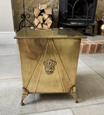 Antique Brass Arts & Crafts Art Deco Square Coal Bucket Box + Liner Original - Image 1 of 4