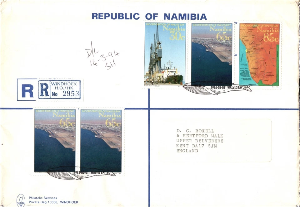 1994 Namibia Incorporation of Walvis Bay Territory Registered Cover to UK FDC - Image 1 of 2