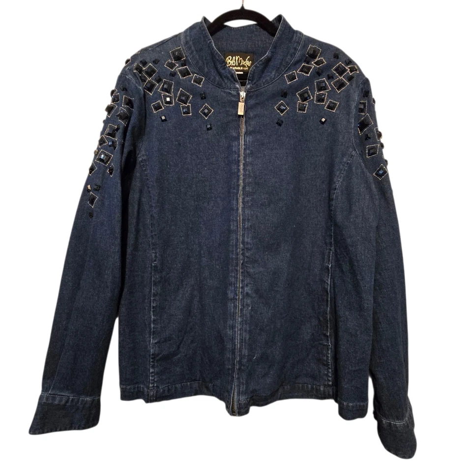 Chaqueta De Colección Bob Mackie Usable Arte Azul Denim Cremallera Mujeres LG Estrás Artística Foto 1 de 4