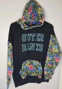 Outer Banks Black And Floral Hoodie Size Large Tropical Flowers Pocket Colorful - Picture 1 of 7