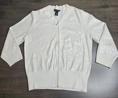 Cárdigan suéter marfil mangas 3/4 cremallera para mujer White House Black Market con lentejuelas Foto 1 de 4