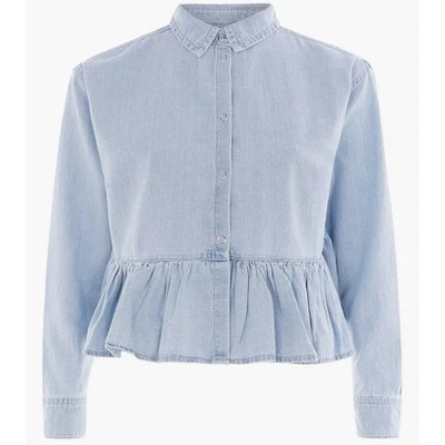 Topshop Camisa Denim Azul Volantes Dobladillo Peplum Botón a Presión Manga Larga Para Mujer’s 8 Foto 1 de 4