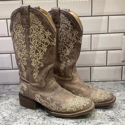 Corral Boots Women's Brown Leather Embroidered Square Toe Cowboy Boots Gray 8M - Image 1 of 4