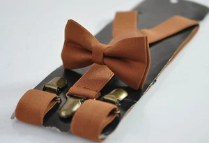 Tan Brown Cotton Bow tie bowtie + matched Elasitc Suspenders Braces - Picture 1 of 19