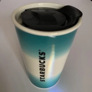 Starbucks Ceramic Travel Cup Tumbler & Black Lid Turquoise Blue White 8oz TOGO - Picture 1 of 5