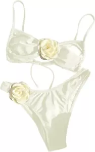 Women's 2 Piece Bikini Set High Waisted Bathing Suit Tie Back 3D Rose High Cut.. - Picture 1 of 6