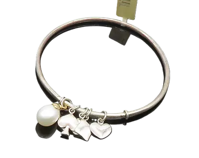 925 Silver & 14K GOLD  Vintage Shiny Pearl & Charms Bangle Bracelet  BT8086 - Image 1 of 4