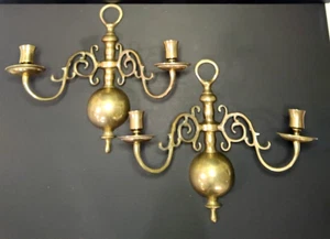 Pair Elegant Brass Wall Scones Double Candle Holders Ornate Scroll Aged Patina - Picture 1 of 12