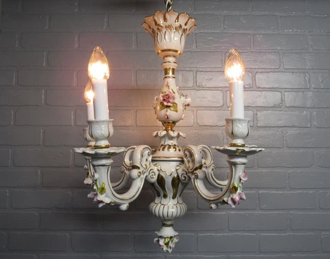 Vintage Antique Italian Capidomonte Porcelain Chandelier  Signed 29 1/2" Long Cover