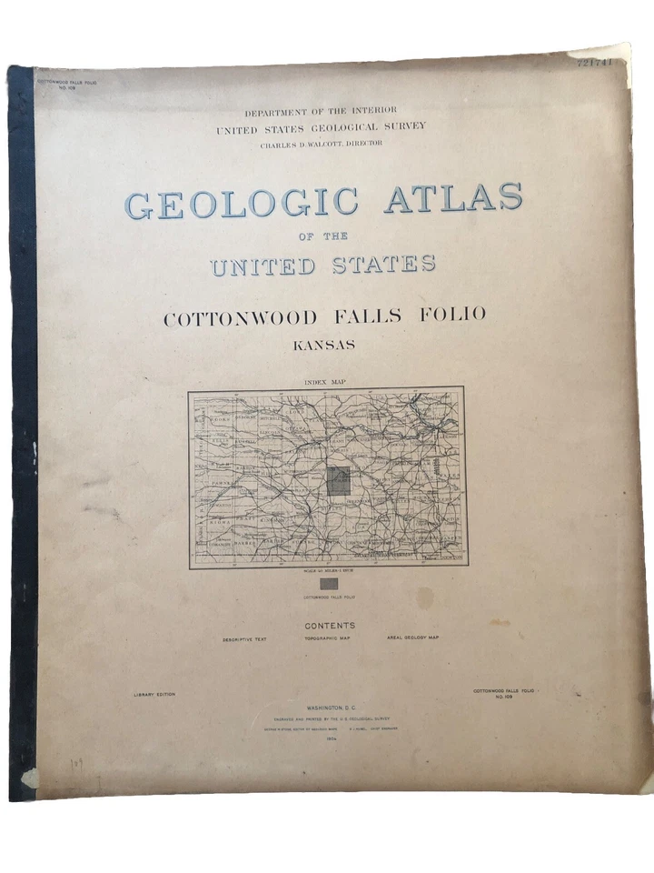 Mapas folio antiguos de 1904 del Atlas Geológico de Estados Unidos Cottonwood Falls Kansas Foto 1 de 4