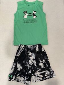 Under Armour Boys Size 7 Green Tank Top And Black Shorts 2 Piece Outfit