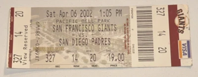 Giants Padres MLB Full Ticket Stub Barry Bonds x2 Walks Visa Pac Bell 4/6/2002 - Image 1 of 2