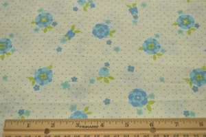 Fabric- 100% Cotton - Blue Flowers & Green Dots on White Bkgd - #380 - Picture 1 of 2