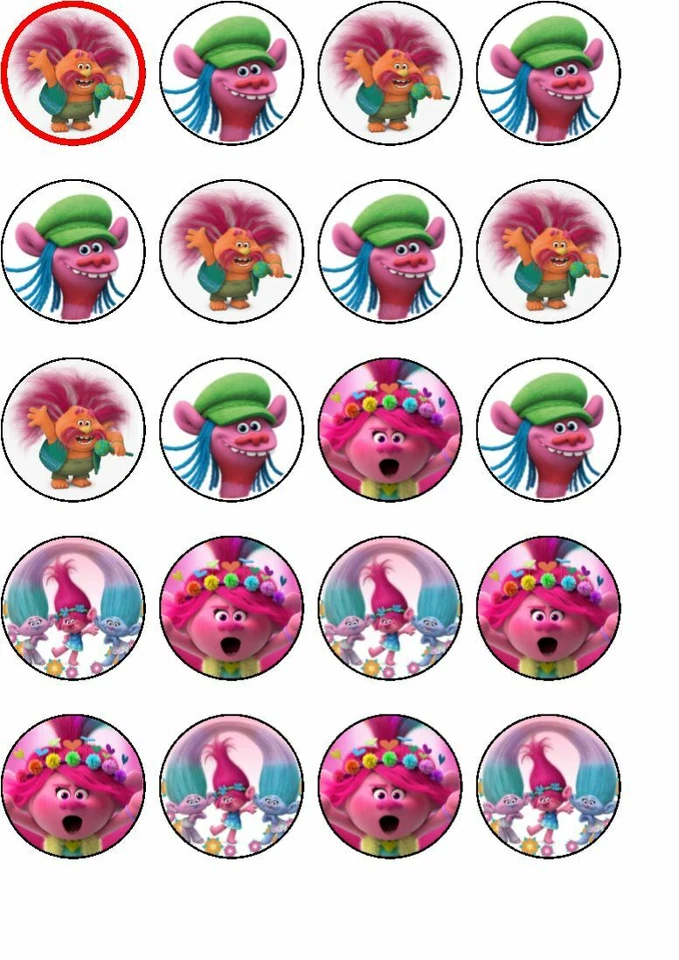 24 enfeites de bolo de papel arroz comestíveis Trolls, - Imagem 1 de 1