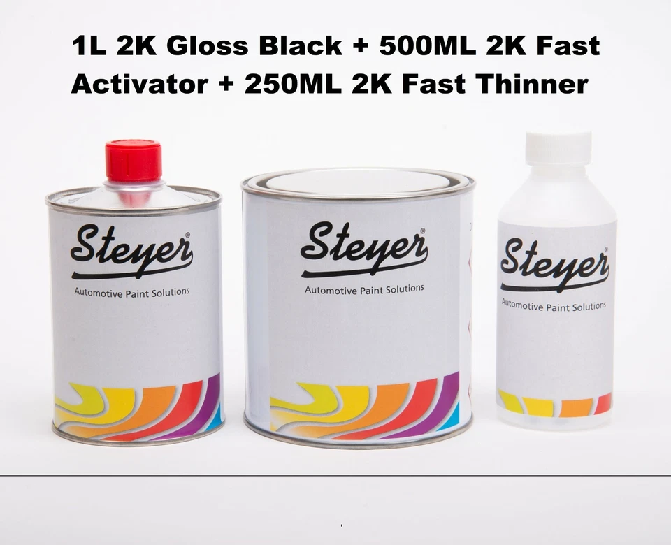 STEYER 1L 2K High Gloss Taxi Black Car Paint+500ML Fast 2 Pack Activator +250ML Thinner