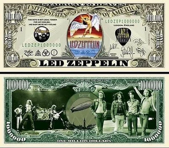 Led Zeppelin Million Dollar Bill Play Funny Money Novelty Note +FREE SLEEVE