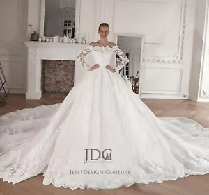 Royal Brautkleid Hochzeitskleid Schulterfrei Ärmel extra lange Schleppe Perlen - Bild 1 von 6