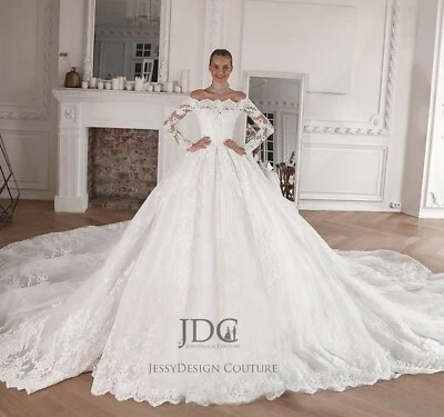 Royal Brautkleid Hochzeitskleid Schulterfrei Ärmel extra lange Schleppe Perlen - Bild 1 von 4