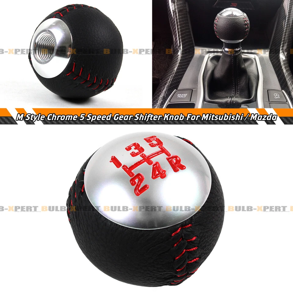 Perilla de cambio de marchas redonda de 5 velocidades cromada de cuero con costuras rojas para Mitsubishi Mazda Foto 1 de 4