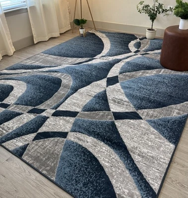 Alfombras grandes contemporáneas alfombras de sala de estar 5’x7’ azul Foto 1 de 4