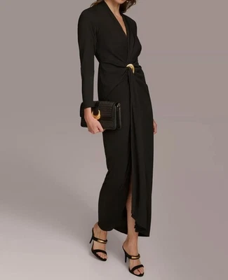 Donna Karan Women's Black Hardware Long-Sleeve Draped Gown Dress Sz 14 - Image 1 of 2