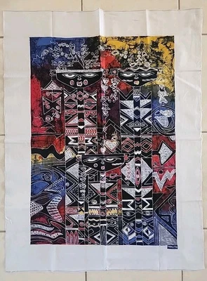 VTG Batik Panel Fabric Cloth from India 28"×37" thin Cotton Reversible Geometric - Image 1 of 4