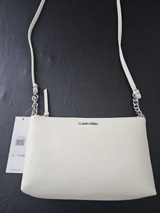 Calvin Klein Womens Small Crossbody Silver Chain Bag Solid Dust White Faux CK - Picture 1 of 16