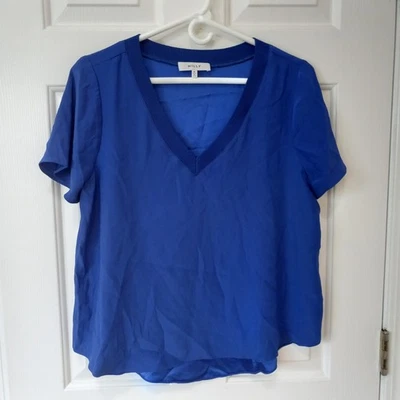 Blusa feminina MILLY azul gola V cetim seda casual carreira diária tamanho M - Imagem 1 de 4