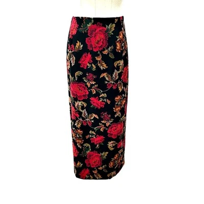 Falda Midaxi Negra Roja Floral Oscura Romántica 12P Larga Lápiz Abertura Trasera Briggs De Colección Foto 1 de 4