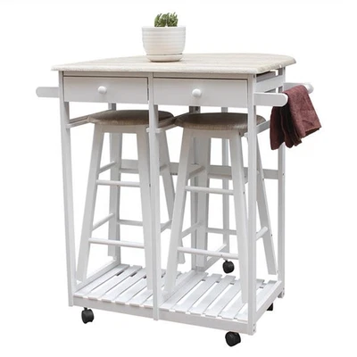 Folding Table With Drawers & 2 Bar Stools Home Kitchen Dining Cart Table White - Image 1 of 4