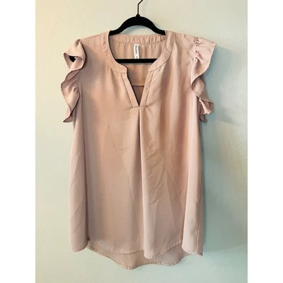 Zenana Women's Ruffle Sleeve V Neck Blouse Top Size Large Nude Blush - Image 1 of 4
