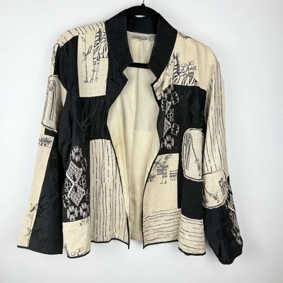 Chicos Blazer L Linen Silk African Tribal Zebra Unique Funky Patches Embroidered - Image 1 of 4