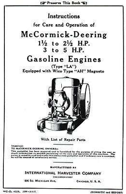 International IH LA Gas Engine Motor 1.5-2.5 & 3-5 hp Wico AH Mag Book Manual