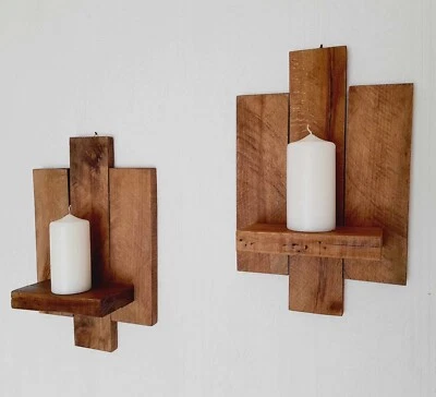 PAIR OF HANDCRAFTED RECLAIMED WOOD WALL SCONCE CANDLE HOLDERS SHABBY CHIC RUSTIC - Image 1 of 4