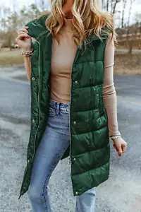 Green Hooded Long Quilted Vest Coat - Picture 1 of 5