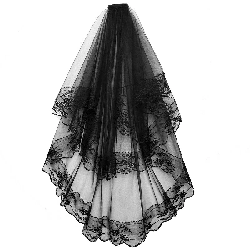 Halloween Wedding head hair Veil With Comb Cathedral Women Bride Black Lace
