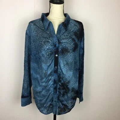 Blusa Camisa Venezia Botón Talla 18 20 Mujer Azul Floral Elastizada Tejida Manga Larga Foto 1 de 4