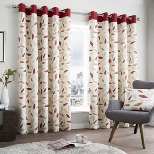 Fusion Beechwood Floral Ready Made Eyelet 100% Cotton Curtains Pair Red - Picture 1 of 44