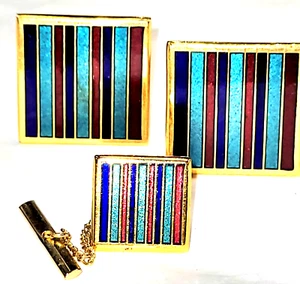 Multi Stripe Enamel banned Cufflinks & Tie Pin Blue Teal Red on Gold - Picture 1 of 11