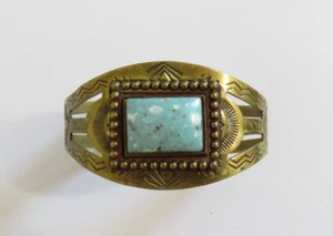 Vintage Southwestern Brass Cuff Bracelet Faux Turquoise - Picture 1 of 9