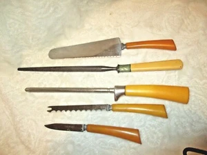 Vintage~Butterscotch Bakelite~Knife~Knife Sharpeners~Spreader~Tomato Knife~1940s - Picture 1 of 9