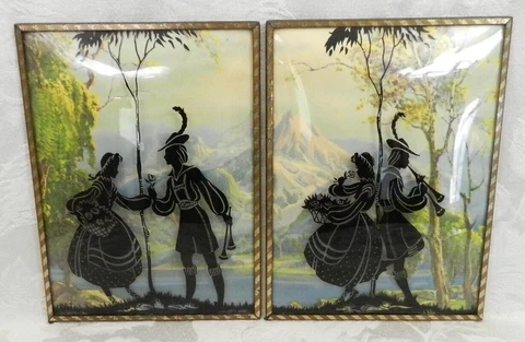 2 Vtg Convex Glass Silhouette Man & Woman Musician & Maid Framed Picture 8x6 Cover